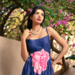 Navy Blue Crepe Floral Embellished Maxi Dress
