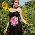 Black Crepe Blend Petal Appliqué Maxi Dress