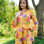 Orange Crepe Floral & Checked Print Co-ord Set with Collared Shirt & Flared Trousers