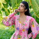 Rosé Bloom V-Neck Balloon Sleeve Dress